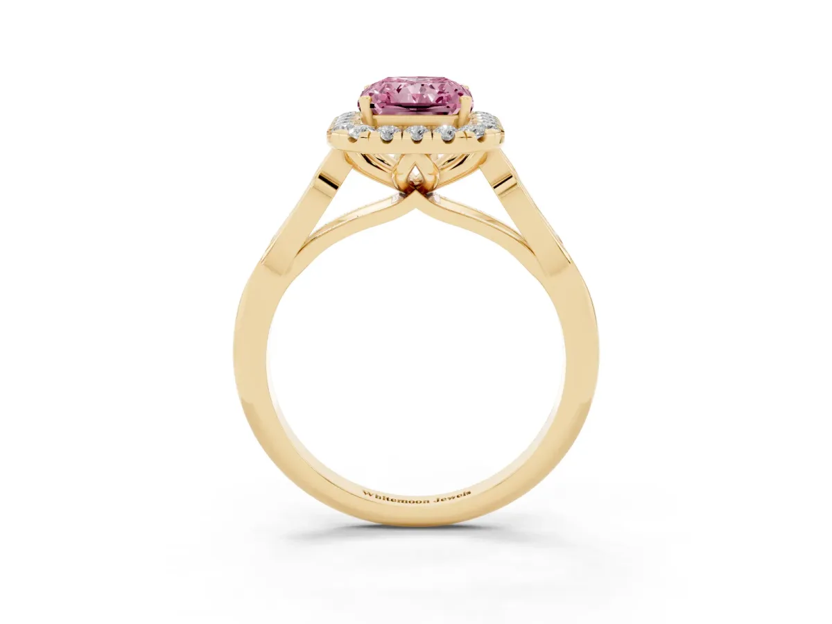 Fancy Pink Radiant Cut Halo Diamond Engagement Ring with Filigree Band and Four-Prong Setting Yellow gold