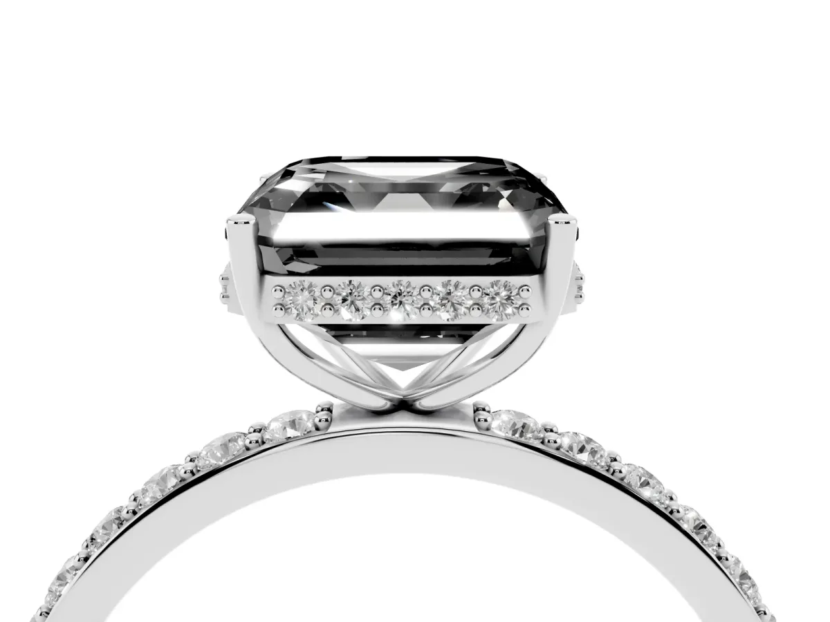 Fancy Black Asscher Cut Diamond Solitaire Ring with Pavé Band and Hidden Halo Silver