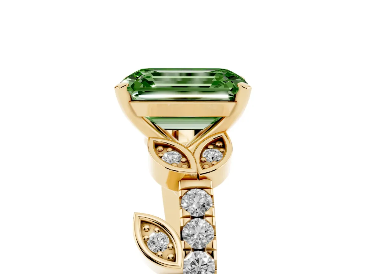 Fancy Green Emerald Cut Solitaire Leaf-Inspired Diamond Ring with Pavé Band and Four-Prong Setting Yellow gold