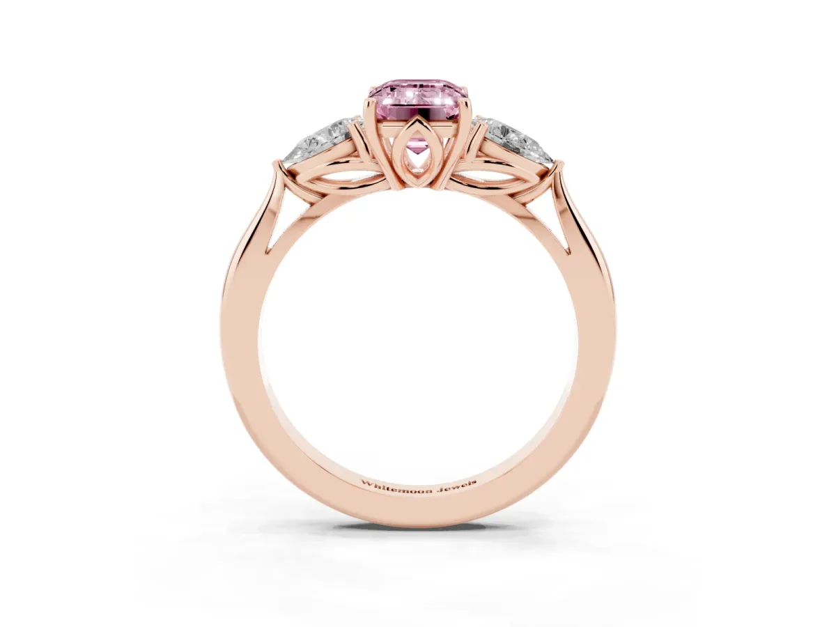 Fancy Pink Three-Stone Emerald Cut Brilliant Diamond Solitaire Ring with Tapered Band and Four-Prong Setting Rose gold
