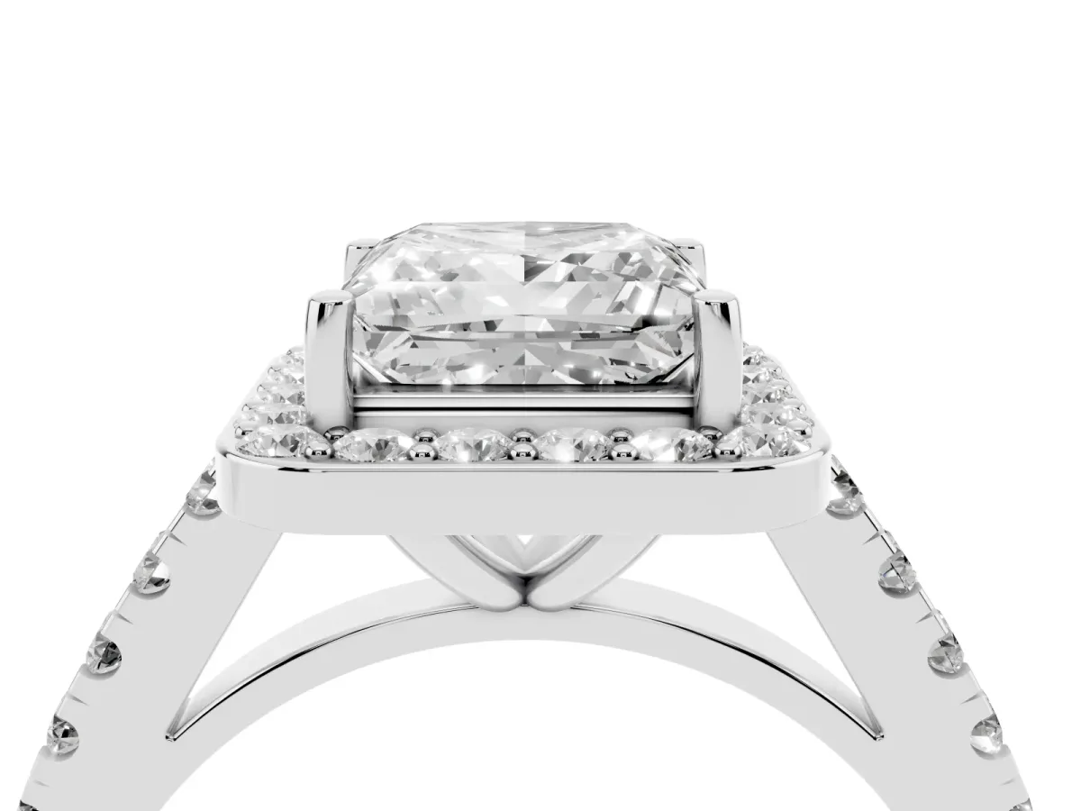 Princess Cut Diamond Halo Ring with Round Pavé Split Shank and Prong Setting Silver