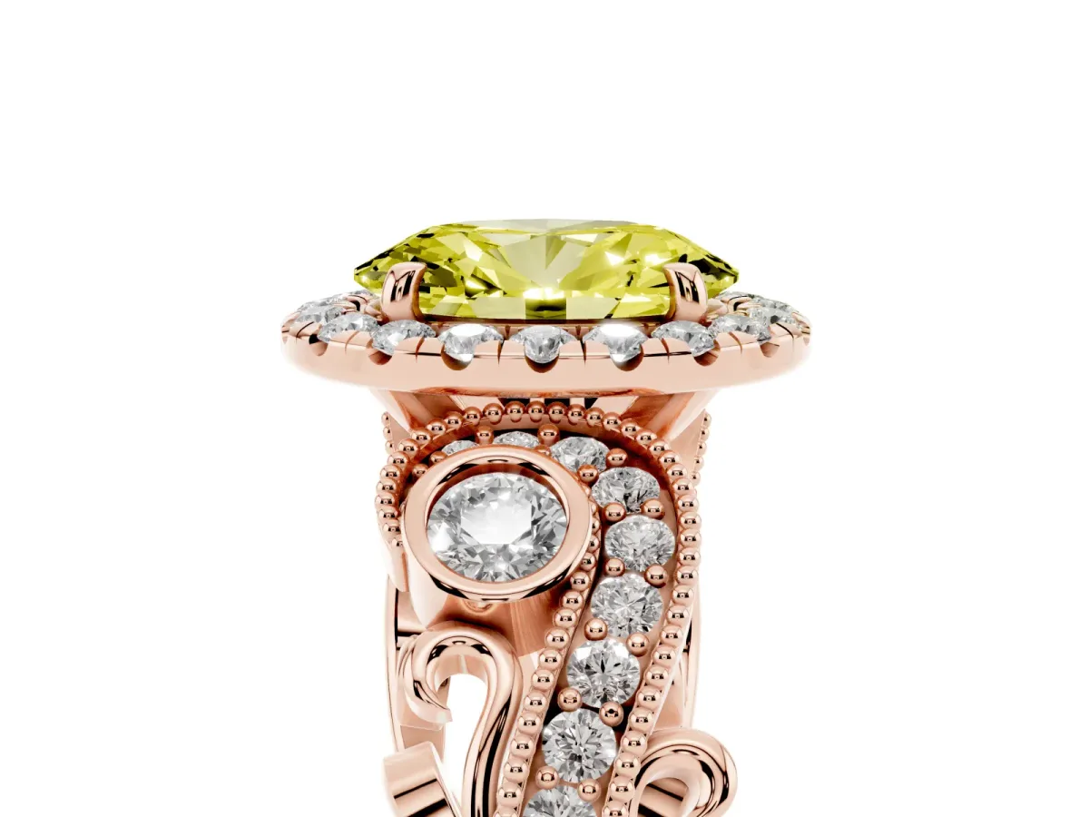 Fancy Yellow Oval Cut Halo Diamond Ring with Milgrain and Bezel Accents on a Split Shank Band Rose gold