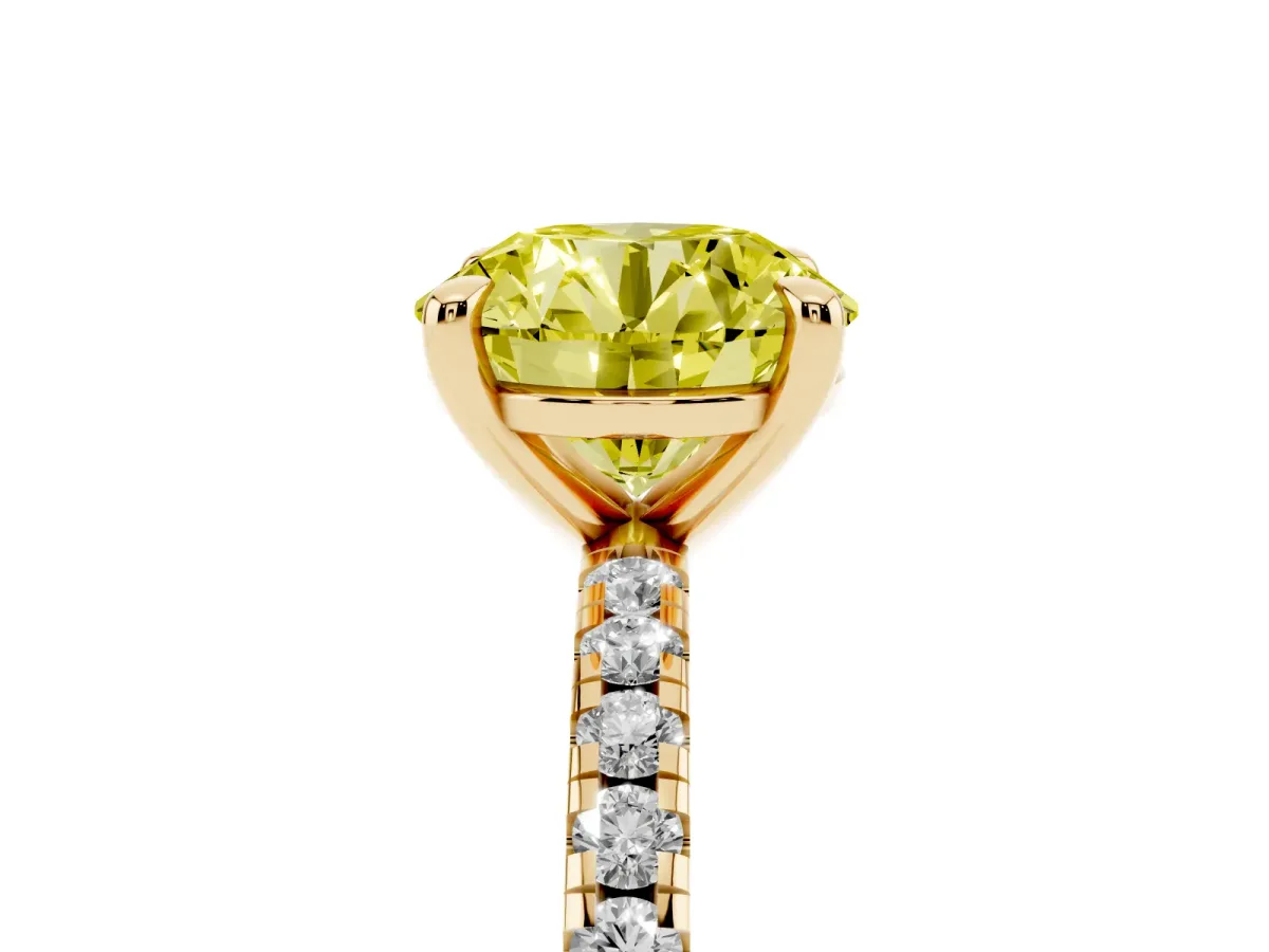 Fancy Yellow Round Cut Diamond Brilliant Solitaire Ring with Pavé Band and Four-Prong Setting Yellow gold