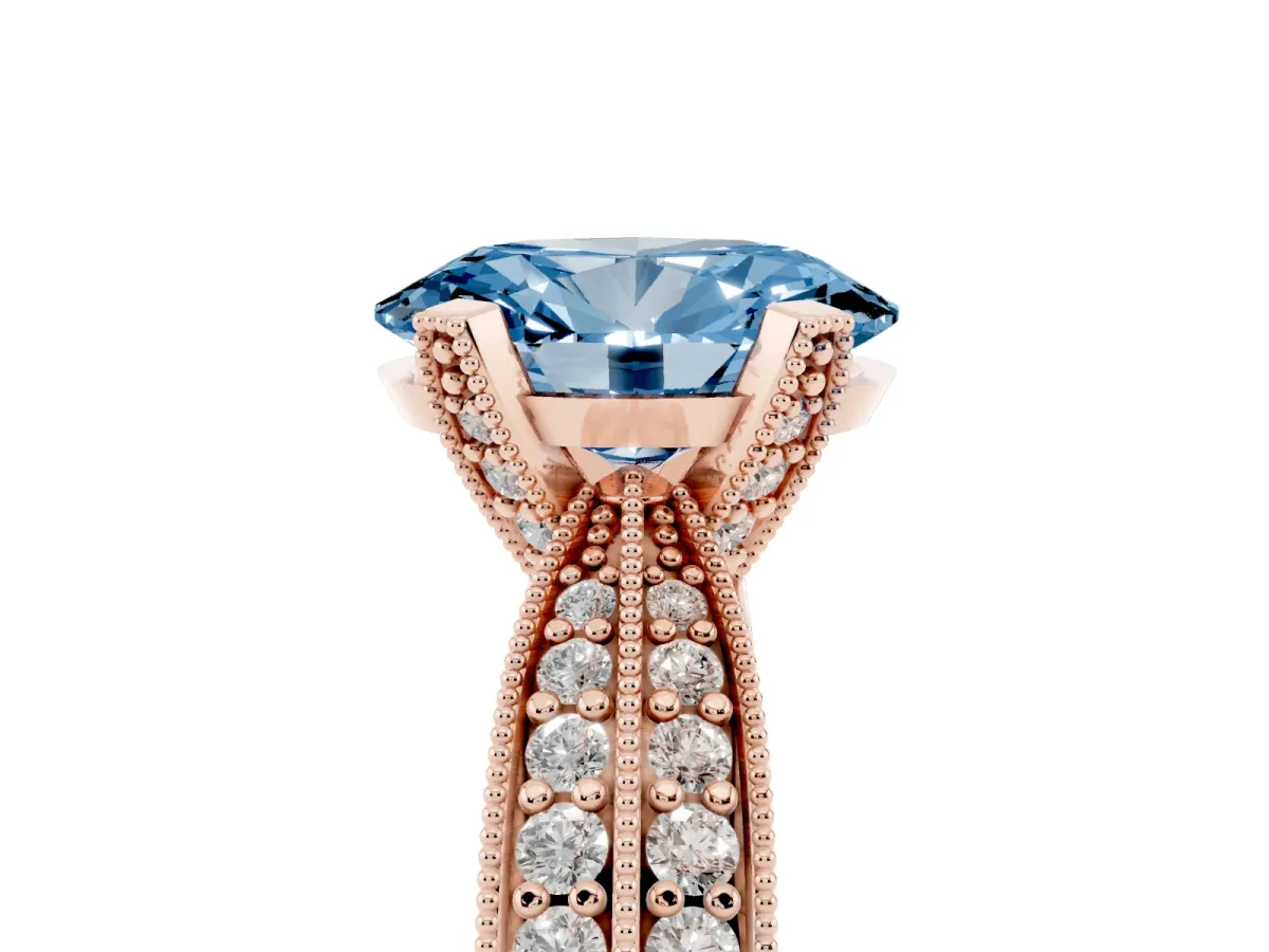 Fancy Blue Oval Cut Diamond Solitaire Ring with Milgrain Round Pavé Band and Prong Setting Rose gold