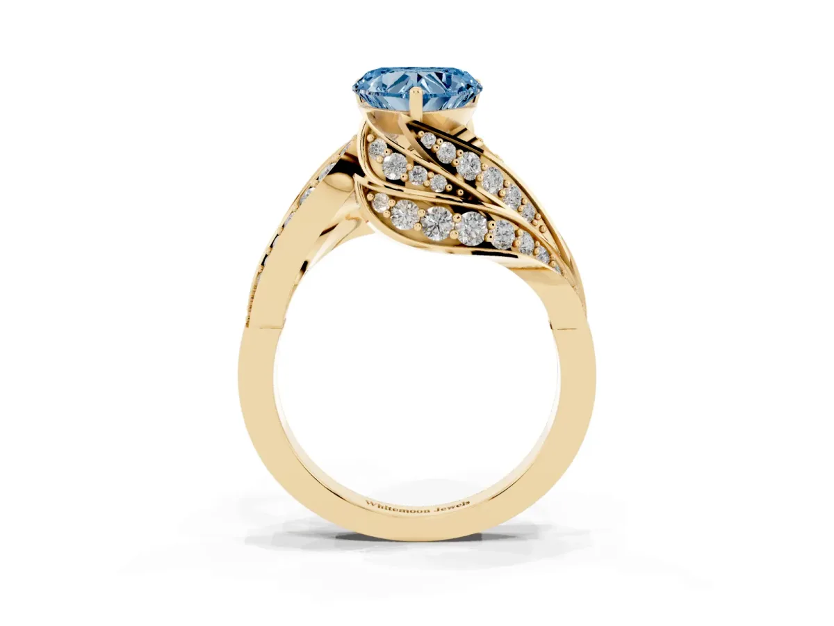 Fancy Blue Heart Cut Diamond Solitaire Ring with Prong Setting and Twisted Pavé Band Yellow gold