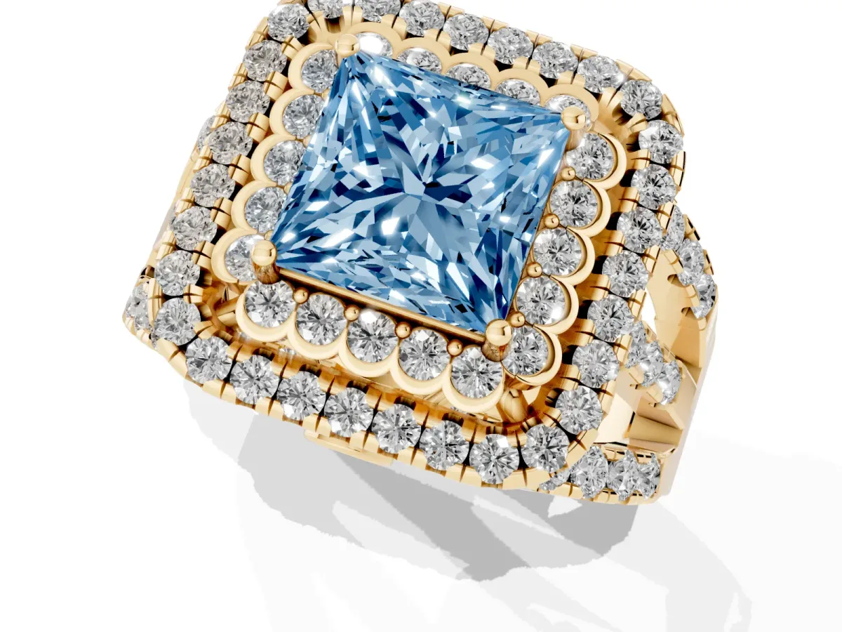 Fancy Blue Princess Cut Diamond Double Halo Ring with Round Pavé Split Shank and Prong Setting Yellow gold