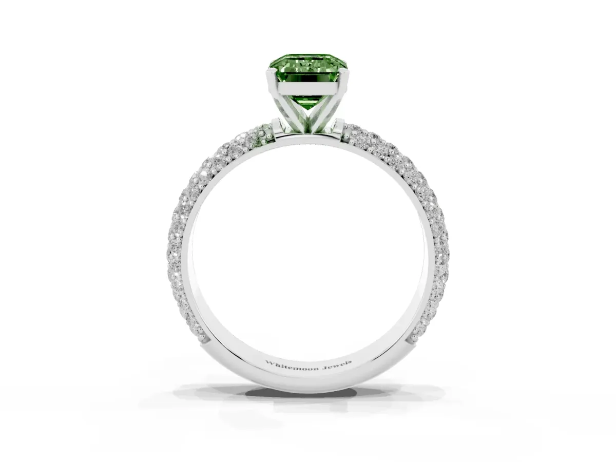 Fancy Green Emerald Cut Diamond Solitaire Ring with Prong Setting and Pavé Band Silver