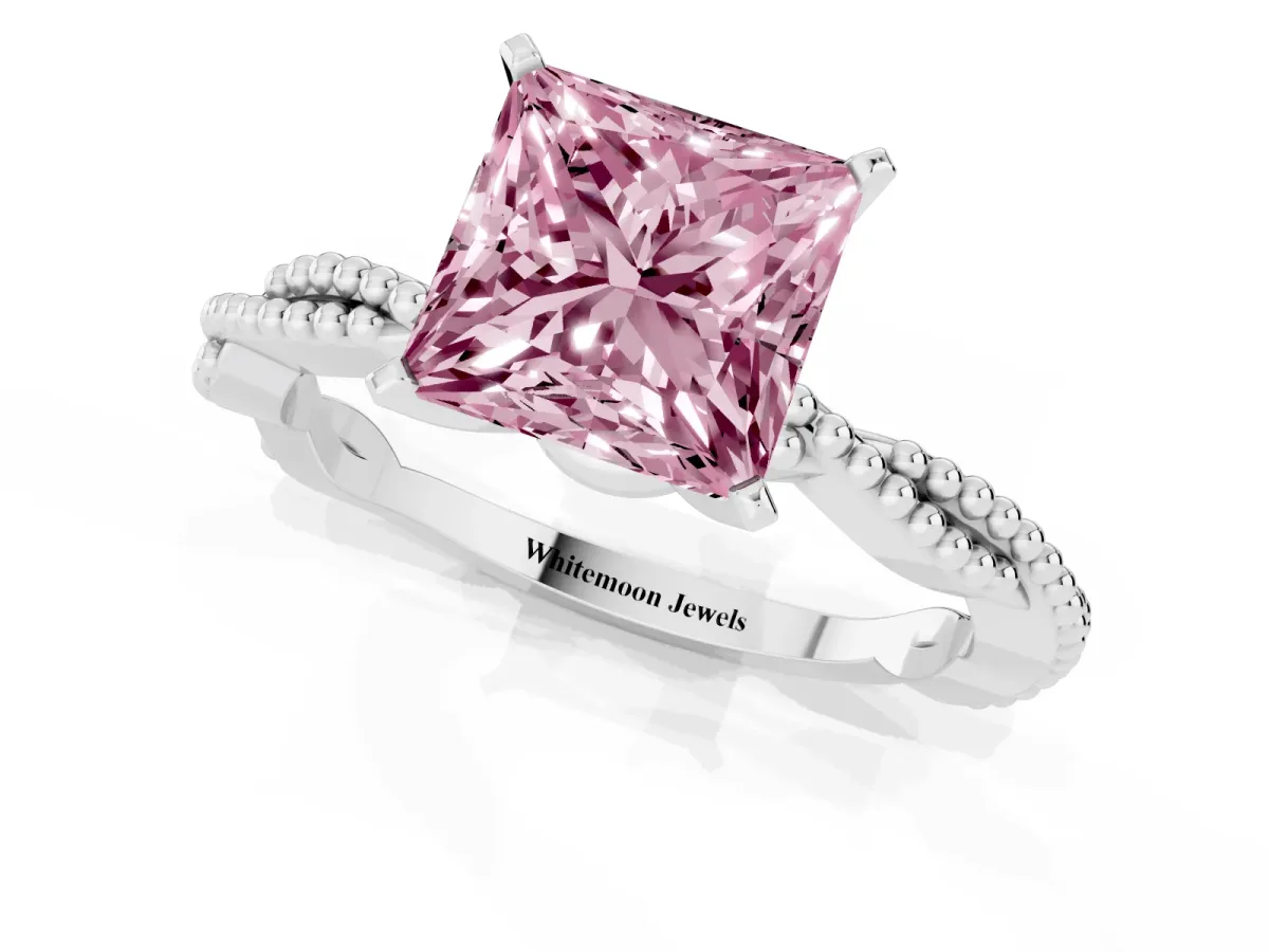 Fancy Pink Princess Cut Solitaire Twisted Band with Bead Prong Setting Platinum