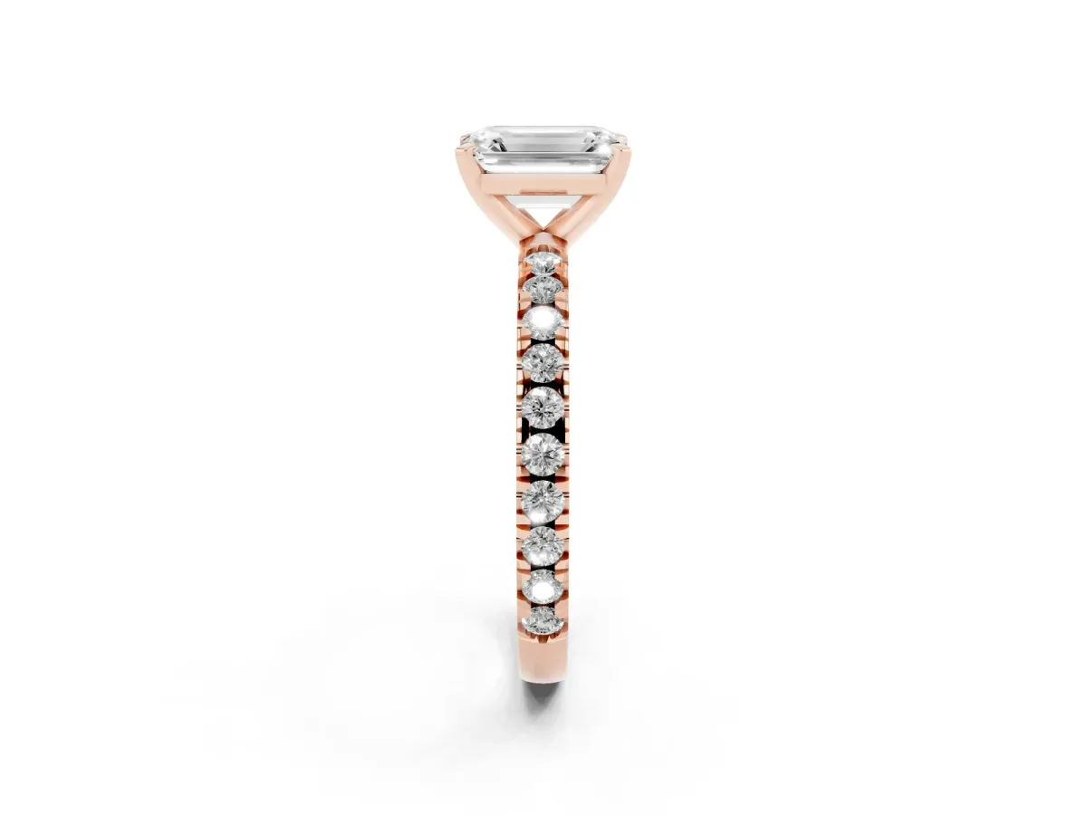 Emerald Cut Diamond Pavé Band Solitaire with Four-Prong Setting Rose gold