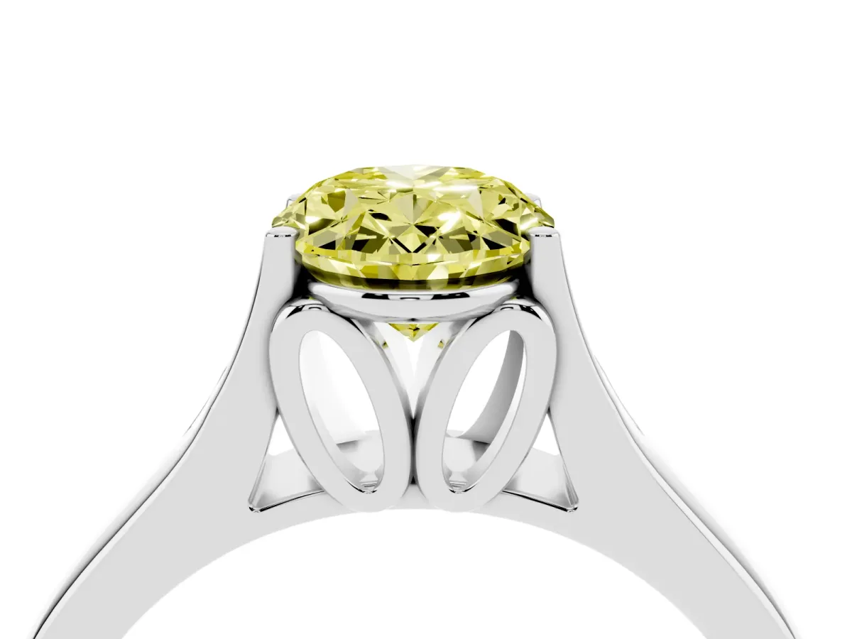 Fancy Yellow Oval Cut Solitaire Diamond Ring with Cathedral Band and Four-Prong Setting Silver