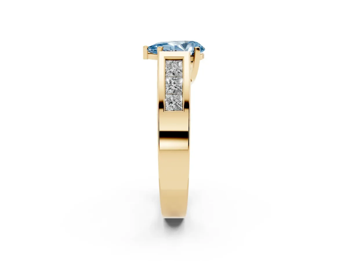 Fancy Blue Pear Cut Cut Channel Set Solitaire Ring with Four-Prong Setting Yellow gold
