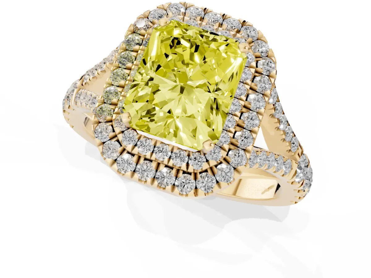 Fancy Yellow Radiant Cut Diamond Double Halo Ring with Split Shank and Prong Setting Yellow gold