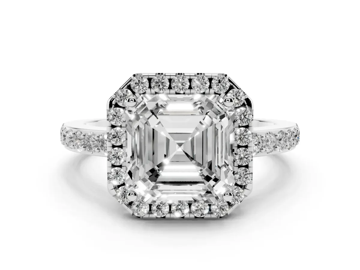 Asscher Cut Halo Diamond Pavé Band Ring with Prong Setting Silver