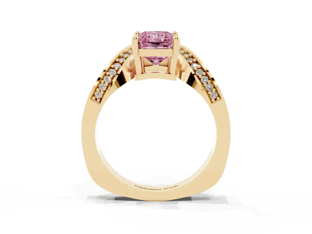 Fancy Pink Radiant Cut Solitaire Diamond Engagement Ring with Pave Band and Four-Prong Setting Yellow gold