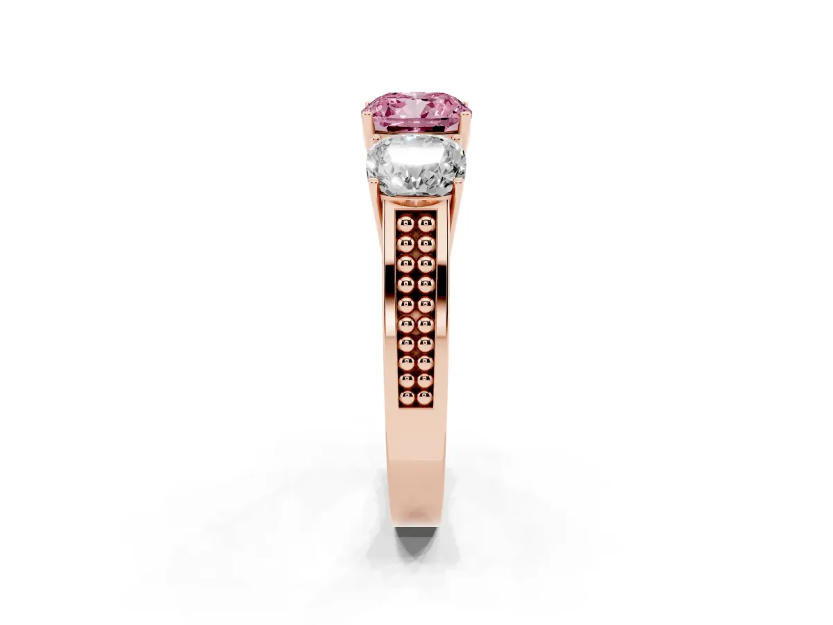 Fancy Pink Cushion Cut Diamond Three-Stone Ring with Prong Setting and Textured Band Rose gold
