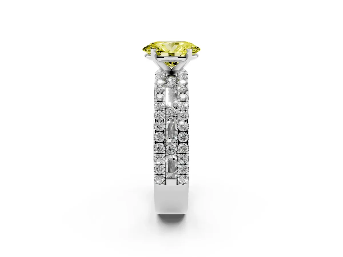 Fancy Yellow Oval Cut Diamond Solitaire Ring with Pavé and Channel Set Band Silver