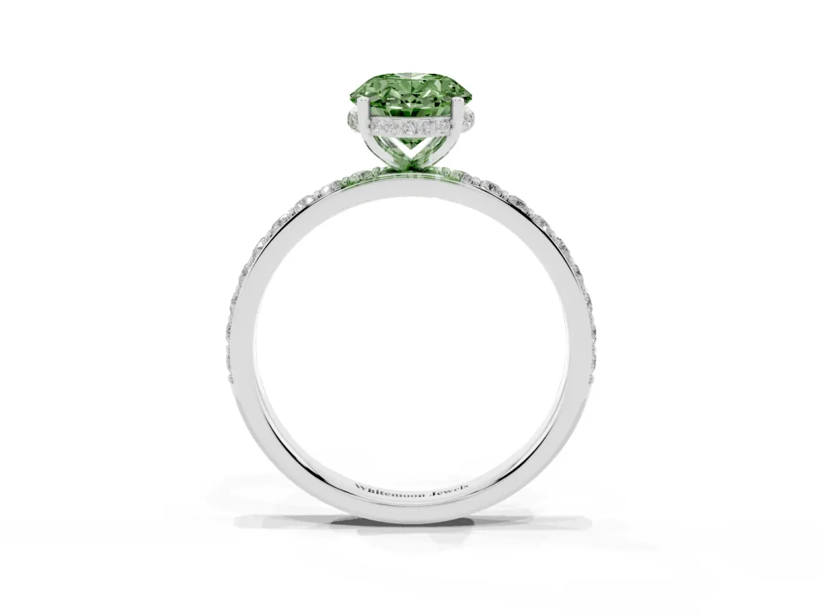 Fancy Green Oval Cut Diamond Solitaire Ring with Pavé Band and Hidden Halo Silver
