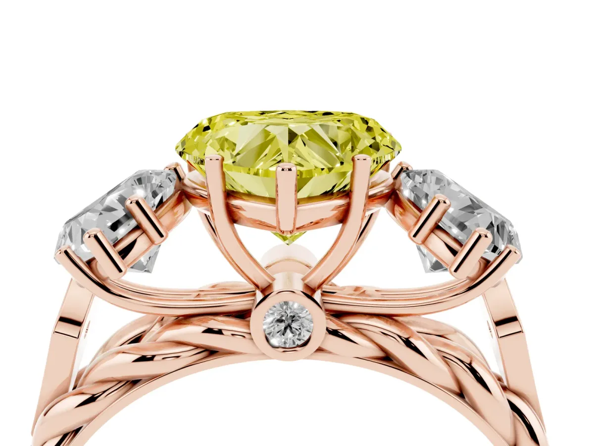 Fancy Yellow Three-Stone Heart Cut Diamond Braided Band Ring with Four-Prong Setting Rose gold