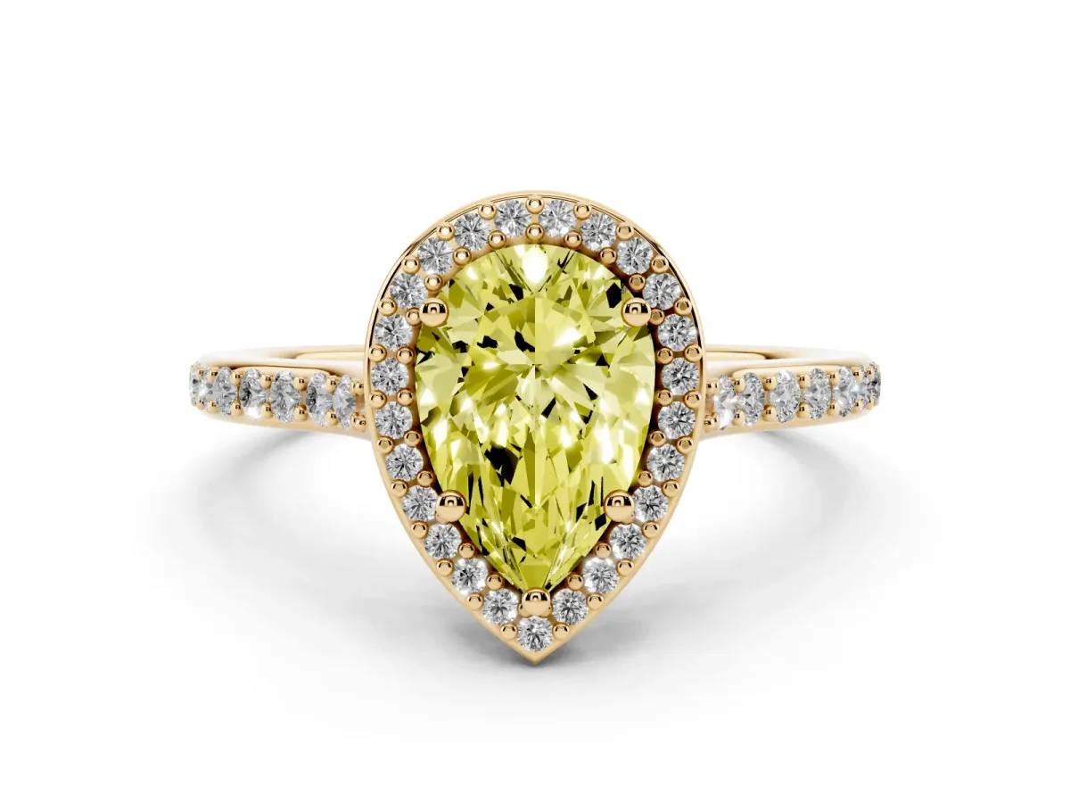 Fancy Yellow Pear Cut Diamond Halo Engagement Ring with Round Pavé Shoulders and Prong Setting Yellow gold