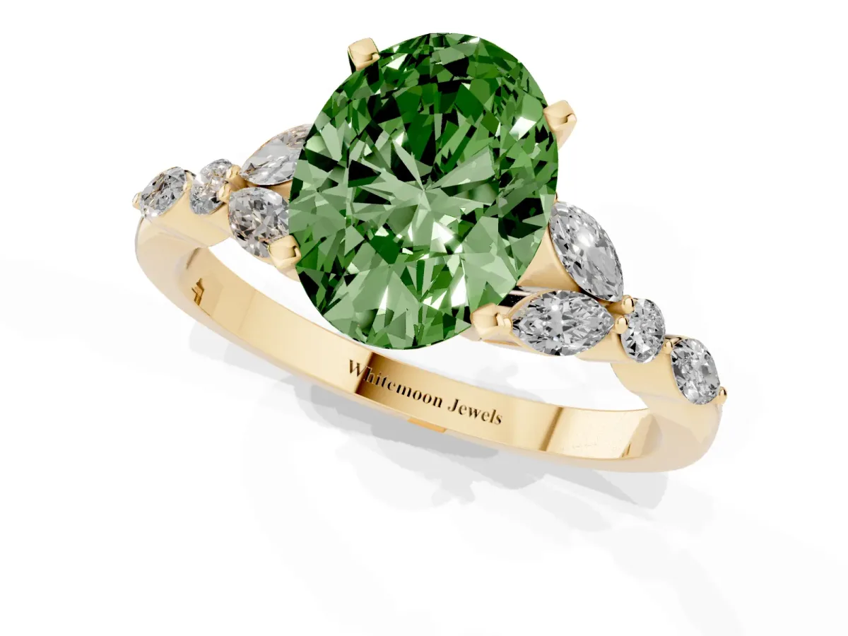 Fancy Green Oval Cut Diamond Solitaire Ring with Side Stones and Four-Prong Setting Yellow gold