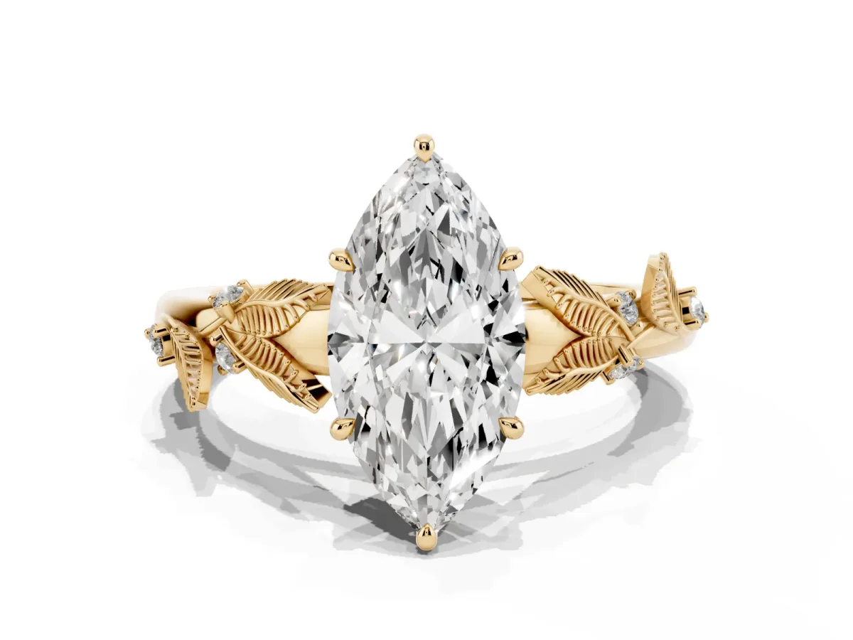 Marquise Cut Diamond Solitaire Ring with Leaf Motif Band and Four-Prong Setting Yellow gold