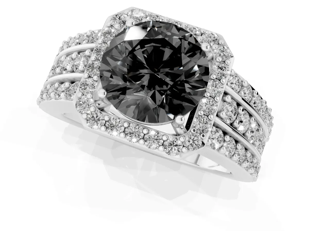 Fancy Black Round Cut Halo Diamond Ring with Round Split Shank and Prong Setting Platinum