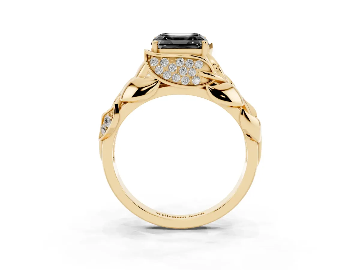Fancy Black Asscher Cut Diamond Leaf-Inspired Engagement Ring with Round Accents and Prong Setting Yellow gold