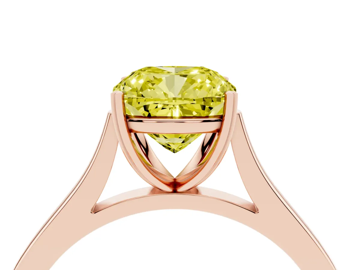 Fancy Yellow Cushion Cut Solitaire Heart Prong Engagement Ring with Tapered Band Rose gold