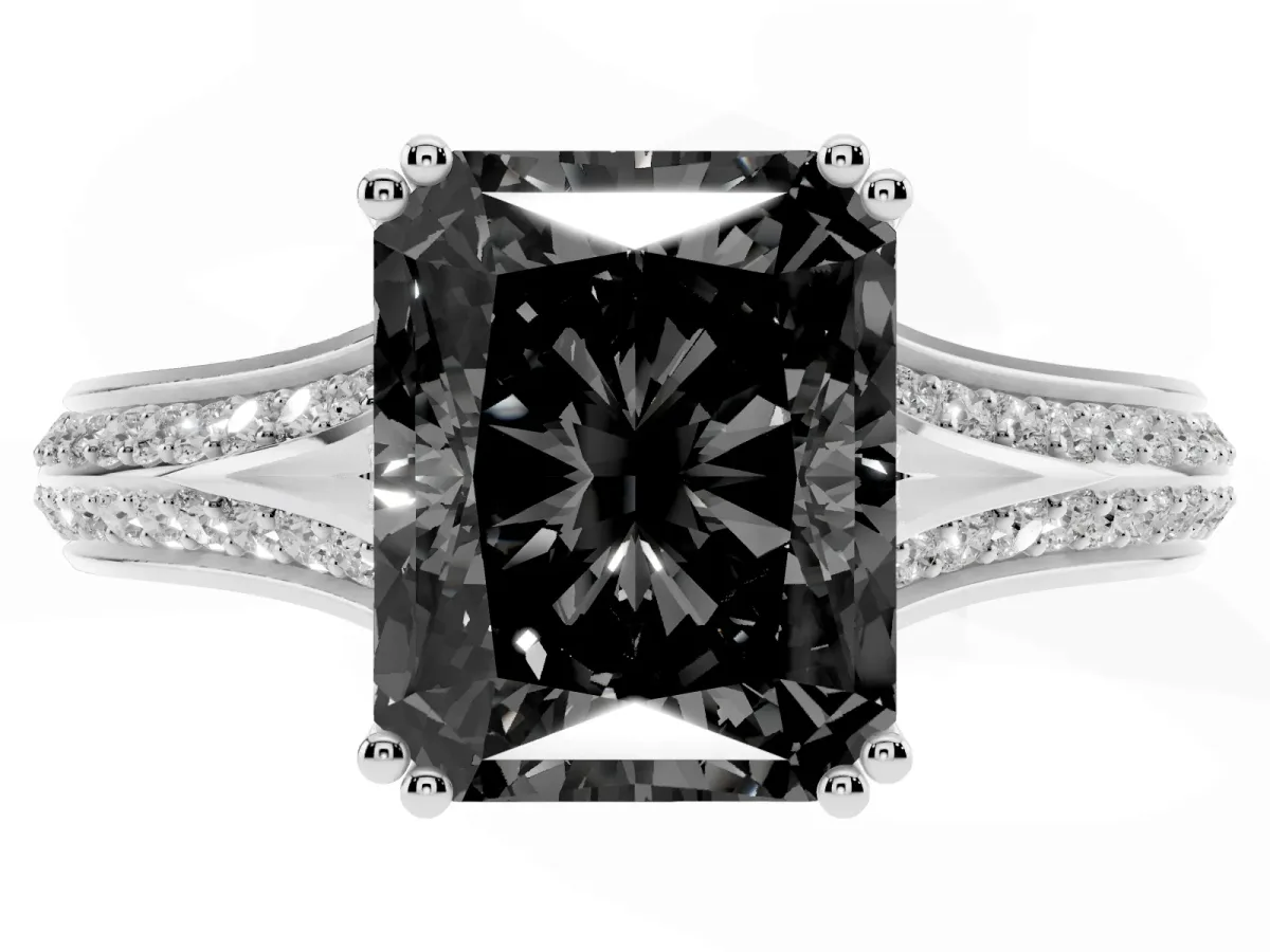 Fancy Black Radiant Cut Diamond Split Shank Engagement Ring with Pavé Band Silver