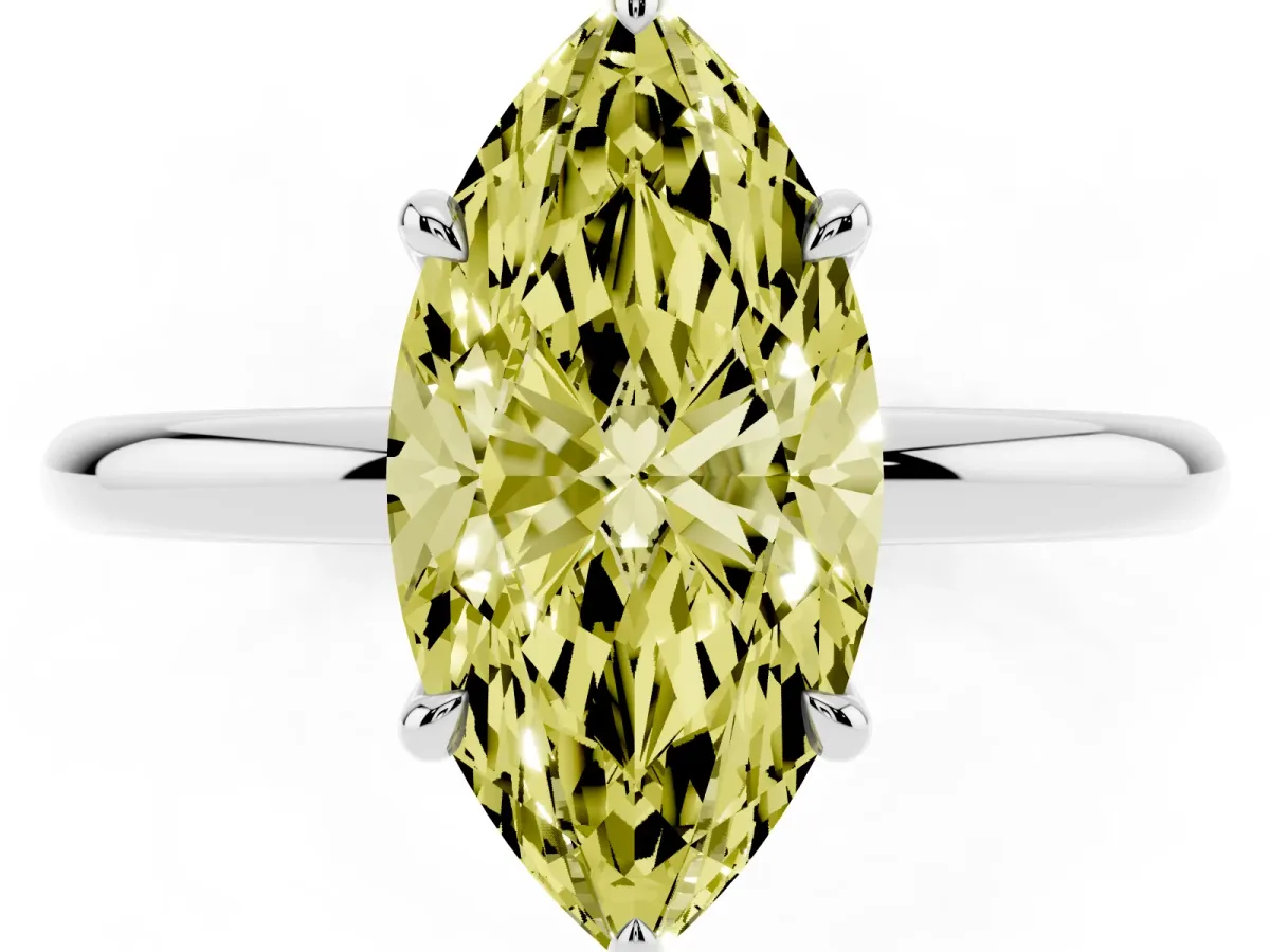 Fancy Yellow Marquise Cut Diamond Solitaire Ring with Thin Band and Four-Prong Setting Platinum