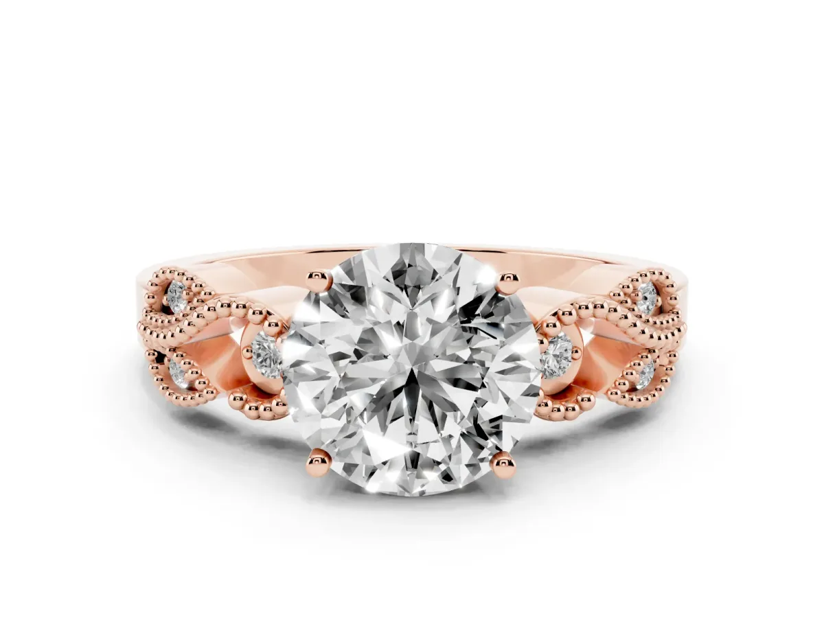 Round Cut Solitaire Milgrain Leaf Band with Prong Setting Rose gold