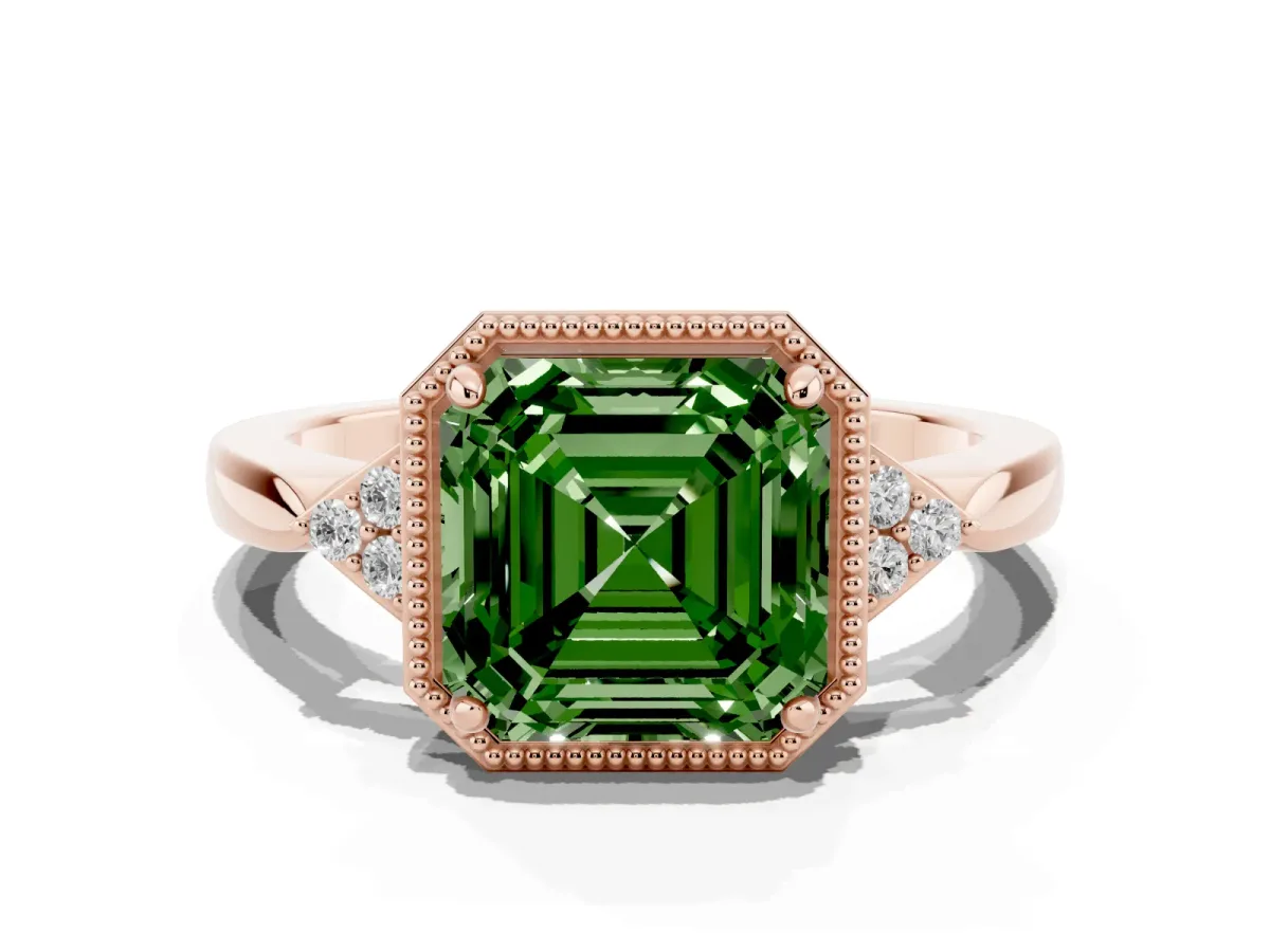 Fancy Green Hexagonal Halo Asscher Cut Diamond Solitaire with Pavé Band and Four-Prong Setting Rose gold