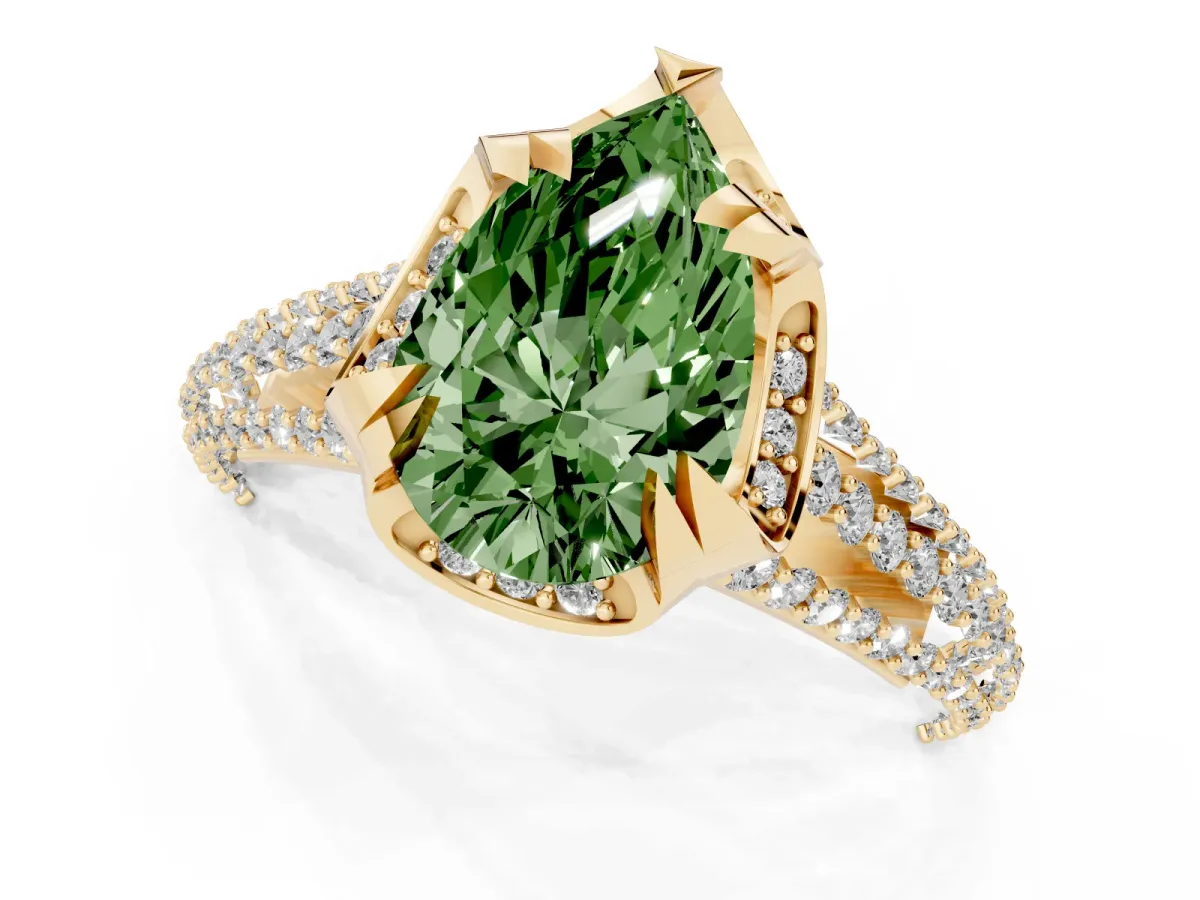 Fancy Green Pear Cut Solitaire Pave Split Shank Ring with Four-Prong Setting Yellow gold