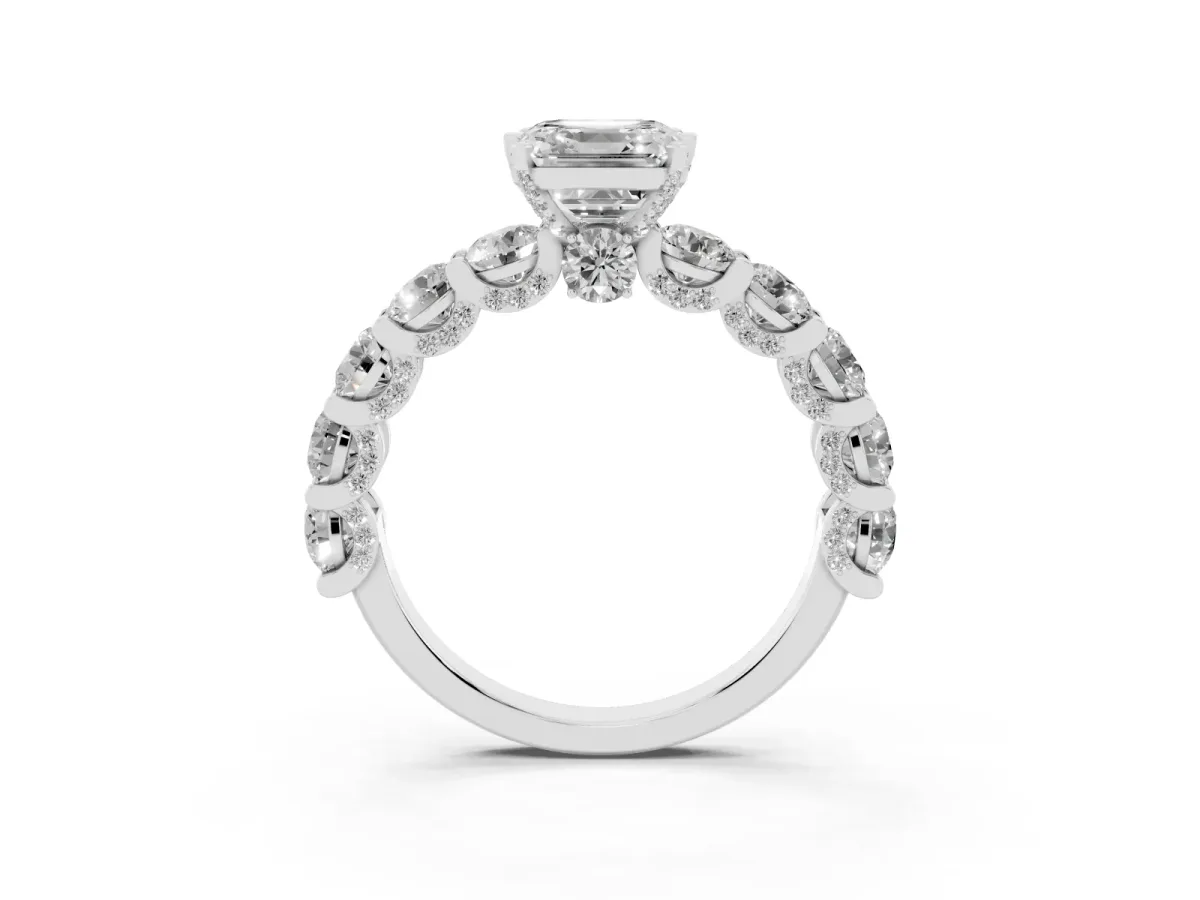 Asscher Cut Diamond Side Stone Engagement Ring with Four-Prong Setting White gold