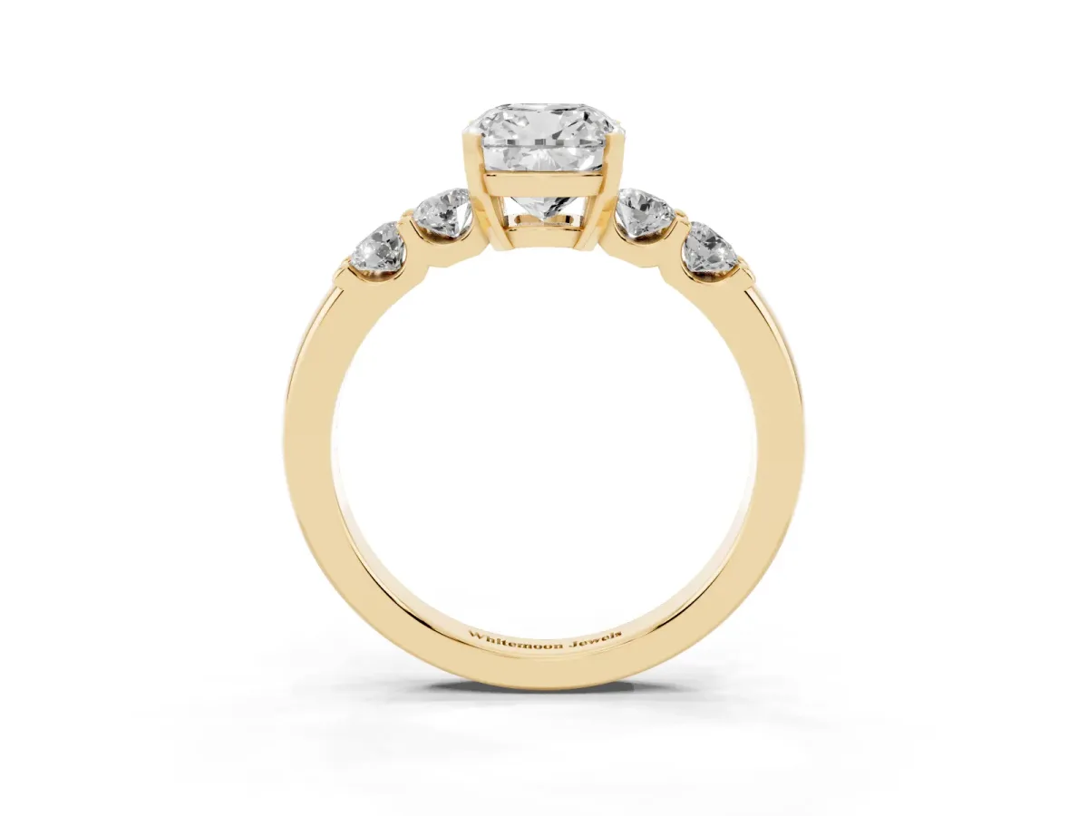 Cushion Cut Brilliant Cut Diamond Five-Stone Prong Set Engagement Ring with Channel Band Yellow gold