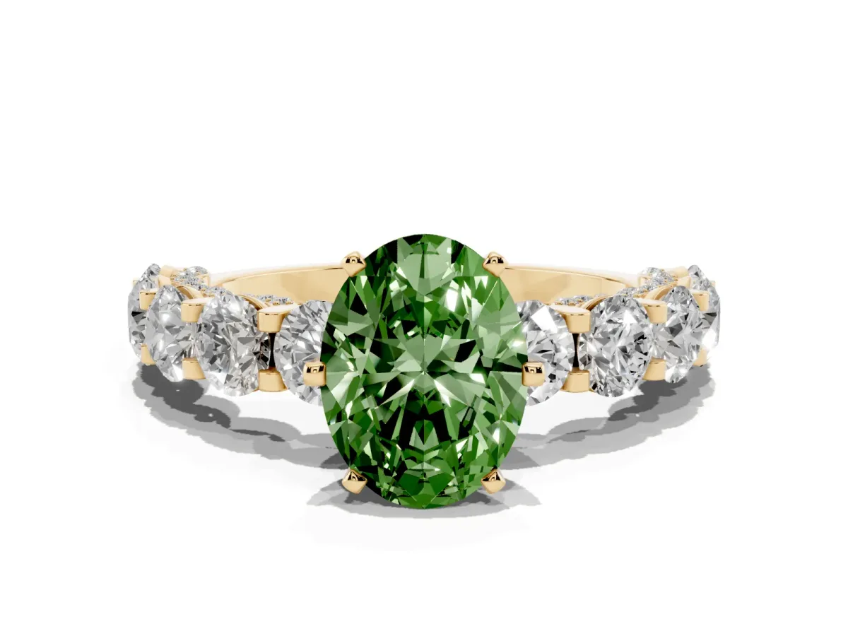 Fancy Green Oval Cut Diamond Side Stone Engagement Ring with Four-Prong Setting Yellow gold