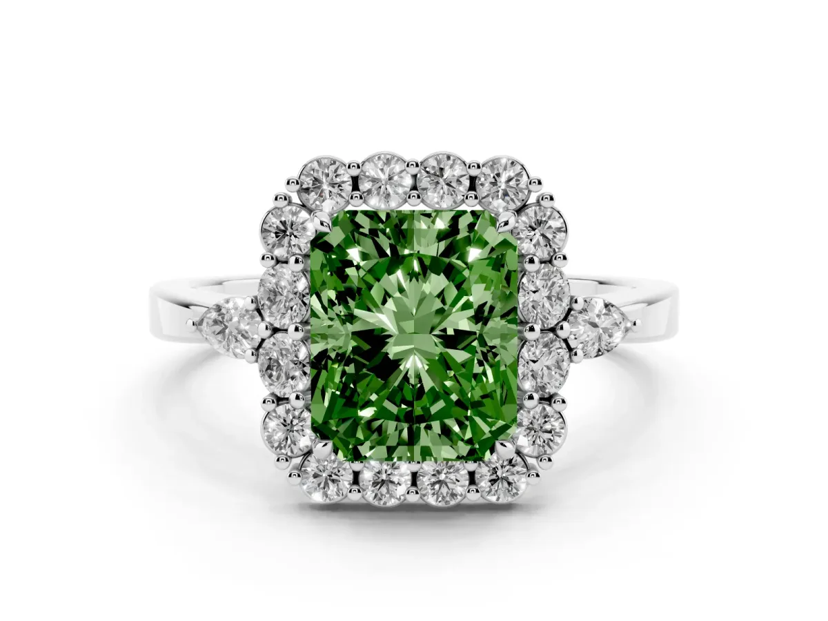 Fancy Green Radiant Cut Diamond Halo Ring with Pear Side Stones and Prong Setting Platinum