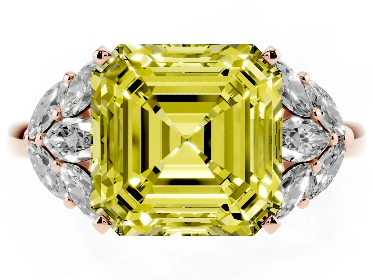 Fancy Yellow Asscher Cut Diamond Cluster Leaf Design Ring with Prong Setting Rose gold
