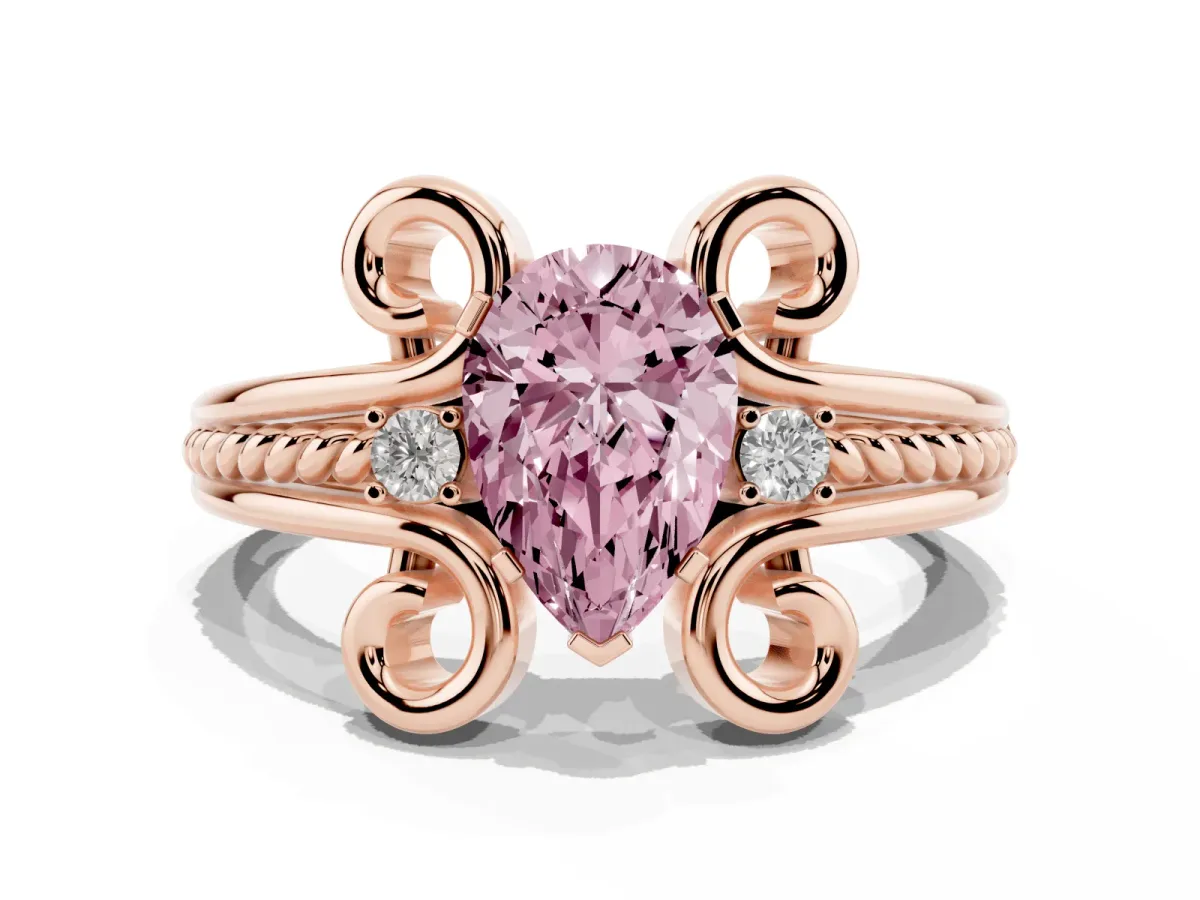 Fancy Pink Pear Cut Solitaire Twisted Band Scroll Prong Ring Rose gold