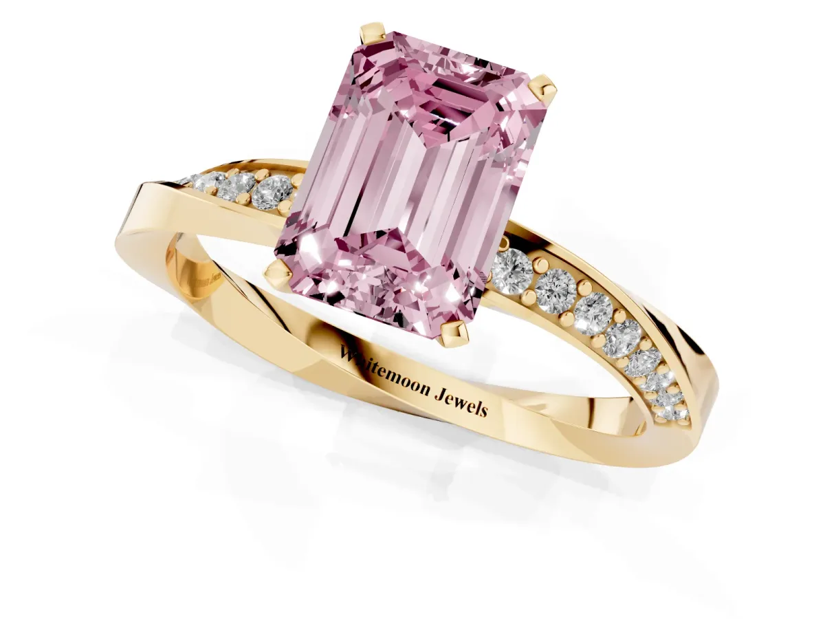 Fancy Pink Emerald Cut Diamond Engagement Ring with Side Stone Accents and Four-Prong Setting Yellow gold