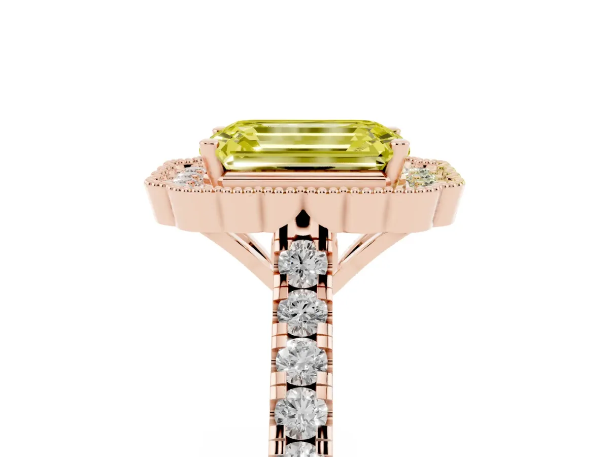 Fancy Yellow Emerald Cut Cut Diamond Milgrain Floral Halo Engagement Ring with Pavé Band Rose gold