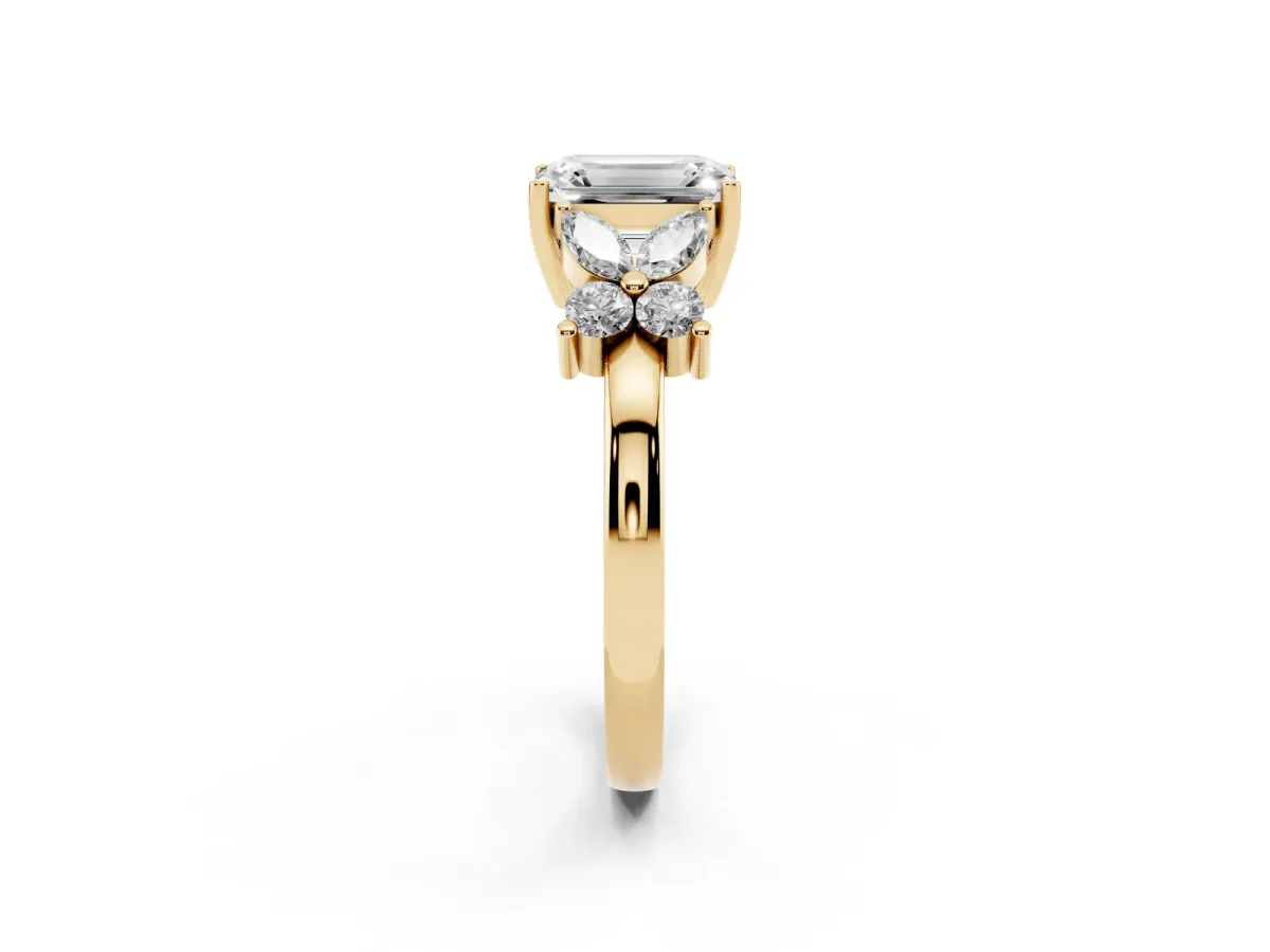 Emerald Cut Diamond Floral Cluster Ring with Solitaire Band and Prong Setting Yellow gold