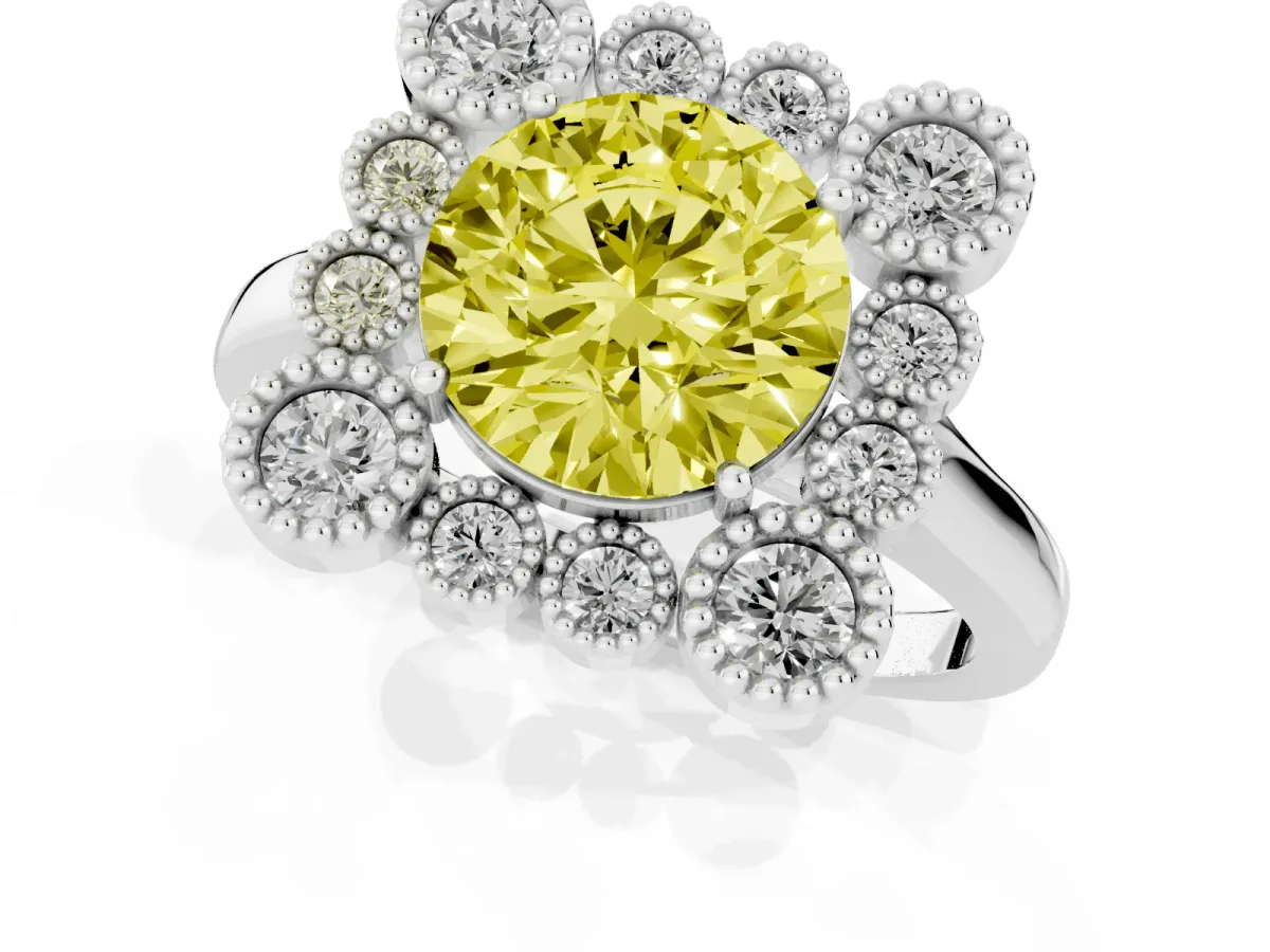 Fancy Yellow Round Cut Halo Diamond Cluster Engagement Ring with Milgrain Bezel Setting and Solitaire Band Silver