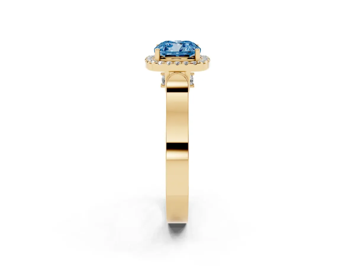 Fancy Blue Cushion Cut Halo Pave Split Shank Prong Setting Ring Yellow gold