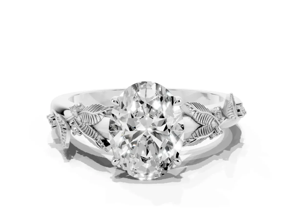 Oval Cut Diamond Solitaire Ring with Leaf Motif Band and Four-Prong Setting Silver