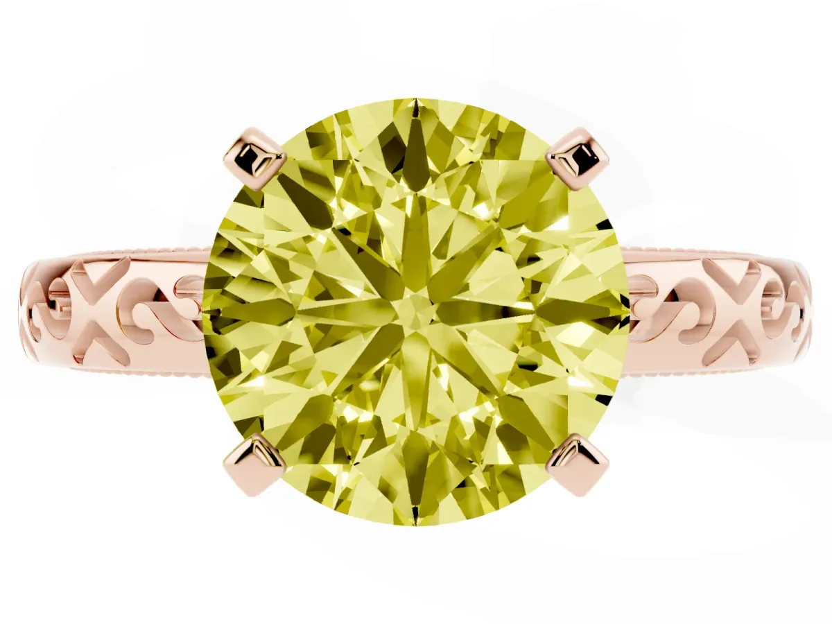 Fancy Yellow Round Cut Solitaire Engagement Ring with Scrollwork Band and Four-Prong Setting Rose gold