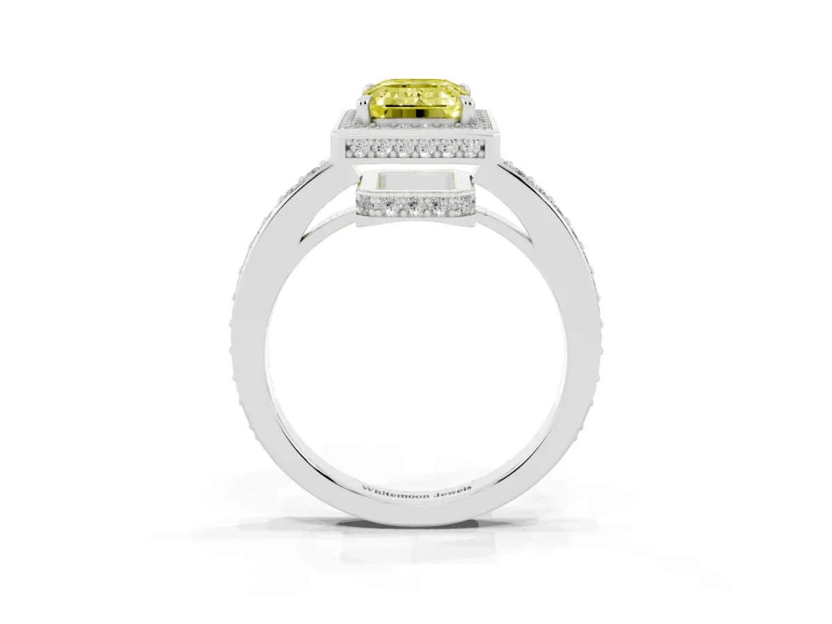 Fancy Yellow Emerald Cut Halo Pave Band Solitaire Ring with Prong Setting Silver
