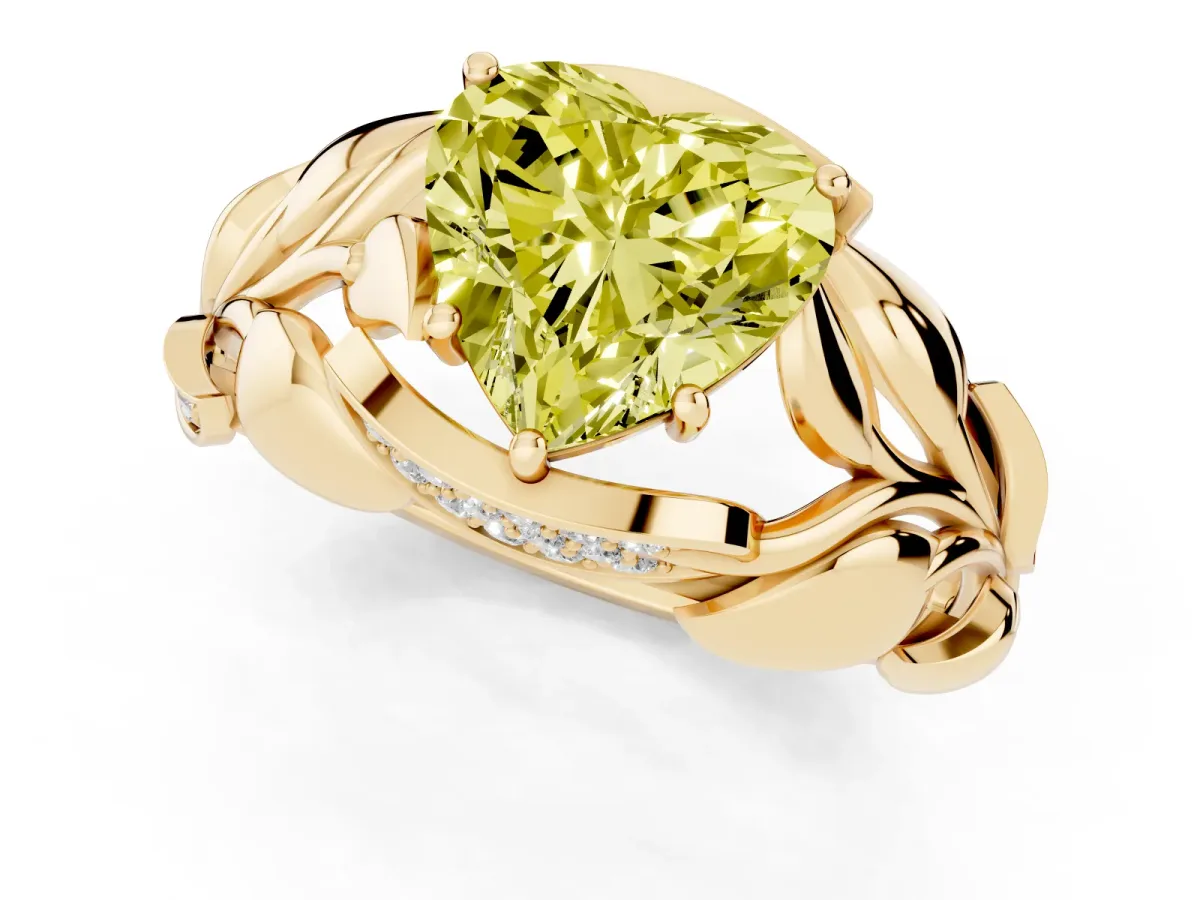 Fancy Yellow Heart Cut Diamond Leaf-Inspired Engagement Ring with Round Accents and Prong Setting Yellow gold