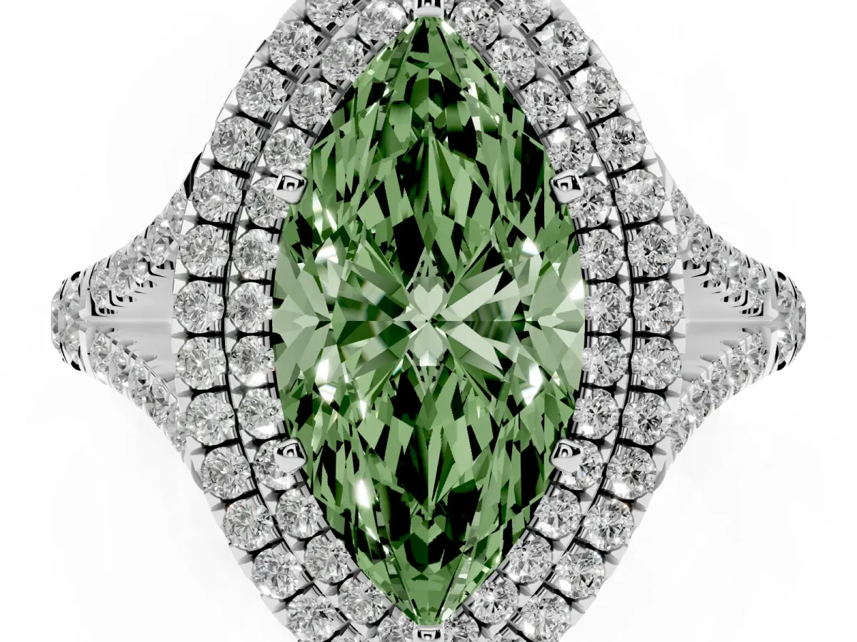 Fancy Green Marquise Cut Cut Double Halo Split Shank Diamond Ring with Prong Setting Silver