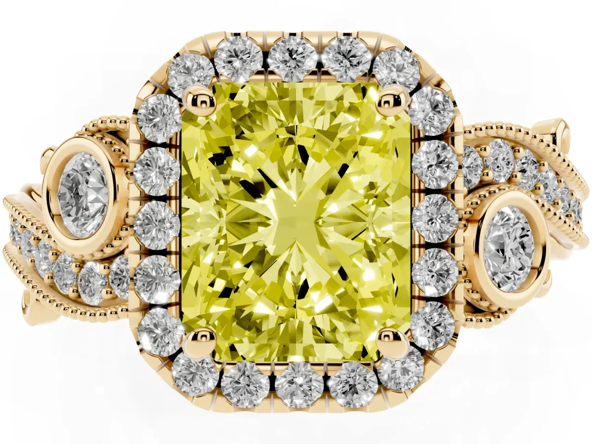 Fancy Yellow Radiant Cut Diamond Halo Ring with Milgrain Pavé Band and Four-Prong Setting Yellow gold